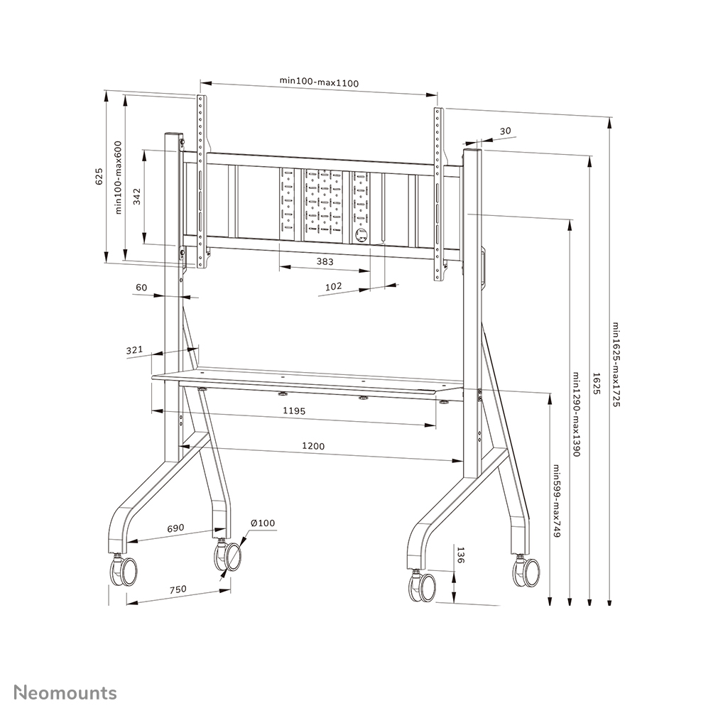 Neomounts FL50-575BL1 Support au sol mobile pour écran 65-110" - étagère multimédia incluse - installation rapide - TÜV